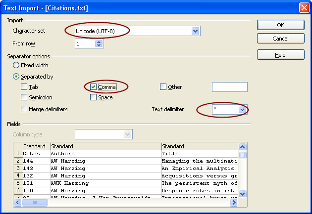 CSV import settings