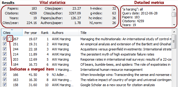 Results pane from Publish or Perish 3.7 onward